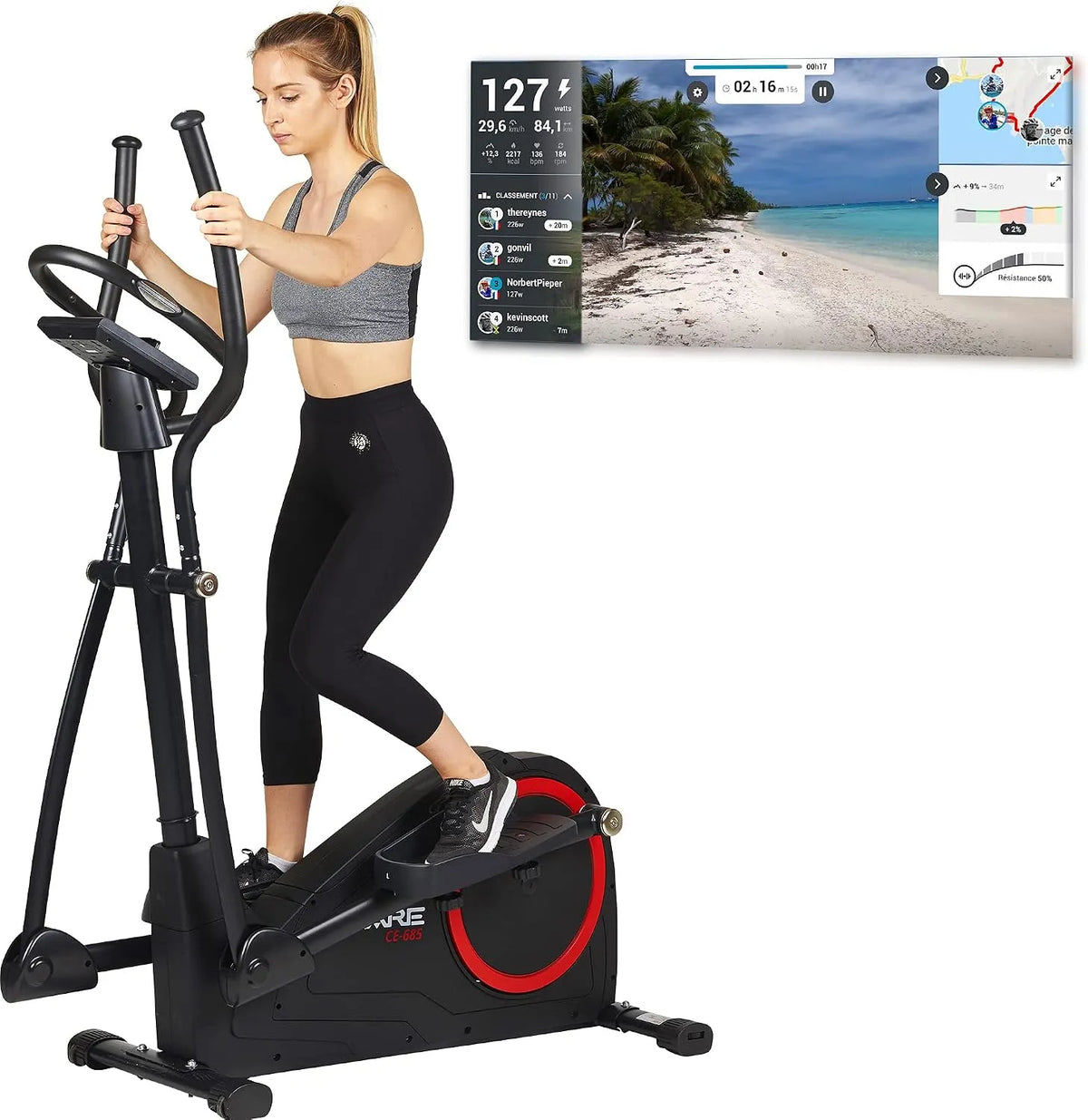 Vélo elliptique CE-685-24 Care Fitness, 24 Programmes, Motorisé Niveaux de Difficulté, Compteur Écran LCD, Port USB, Porte Tablette
