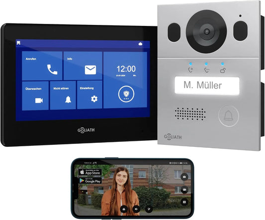 Vidéo Basique Goliath Interphone, Bus 2 Fils, Moniteur de 7 Pouces, Sonnette encastrée avec caméra, interphone avec Ouverture de Porte