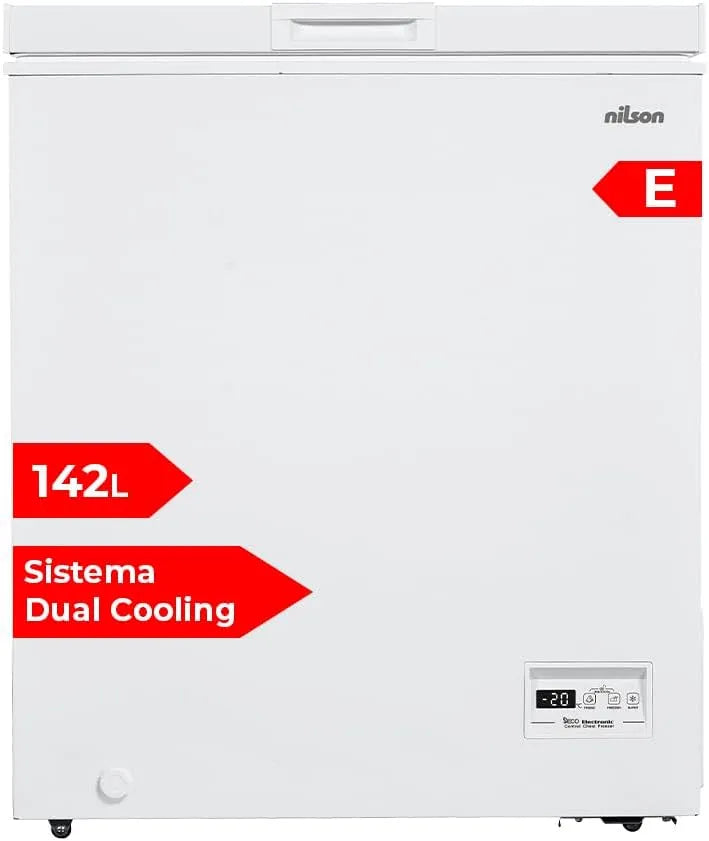 Congélateur NCH1500EDC Nilson, 40 dB, C finition blanche. Capacité 142 Litres, 4 Étoiles, 1 Panier, Dual Cooling, Porte Sens Unique, Porte Abattante