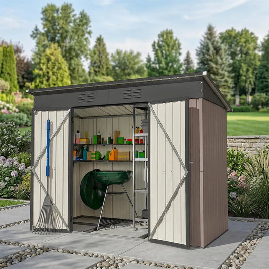 Abri de jardin, Marron 3m², Métal 242x126x182cm avec Fondation Métallique Toit Incliné