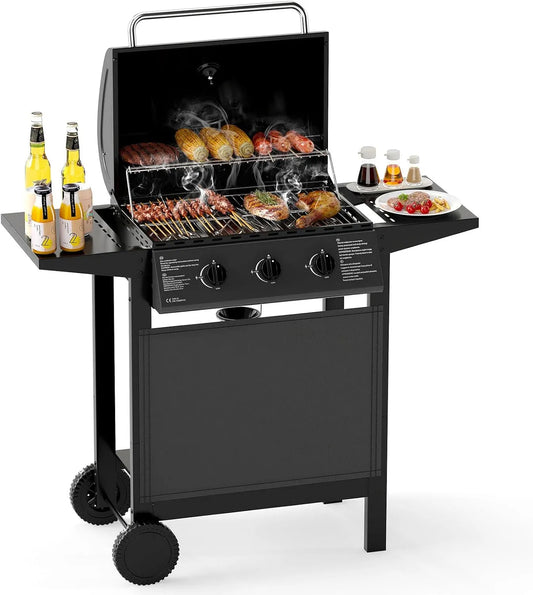 Barbecue à gaz GYMAX, Barbecue d'Extérieur Mobile à 2 Roues pour Pique-niques et Camping, avec 2 Étagères de Grilles, 3 Brûleurs Réglables