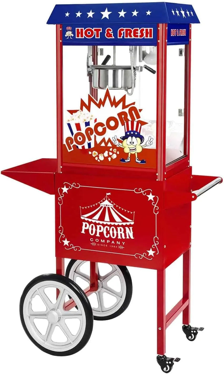 Machine à Popcorn Royal Catering, 16 L/h, récipient antiadhésif, rouge avec chariot, rendement horaire 5 kg, diamètre de la cuve 18 cm