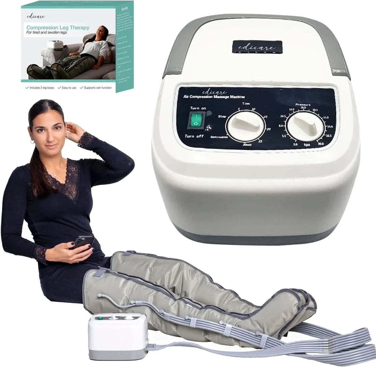 Edicare, Bottes Pressothérapie, Drainage Lymphatique, Appareil de Massage, Jambes Pieds Fatigués, Massage et Relaxation, Facile à Utiliser