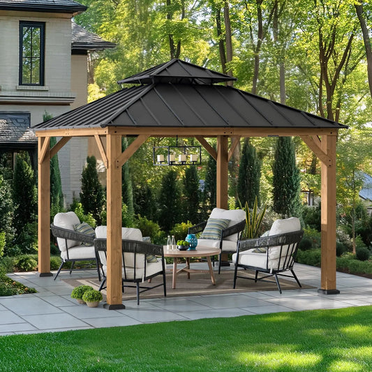 Hardtop en Bois 3,3 × SUNJOY Tonnelle, Toit Métallique à 2 Niveaux, Structure en Cèdre, Résistante au Vent et à la Neige, Jardin, Terrasse
