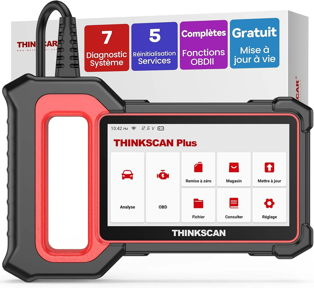 Diagnostic Auto modèle OBD2 Thinkcar Valise, ThinkScan Plus S7 Diagnostic Français avec Moteur, avec 28 Services de Réinitialisation, TCM, ABS, SRS