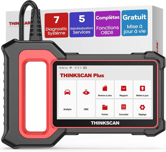 Diagnostic Auto modèle OBD2 Thinkcar Valise, ThinkScan Plus S7 Diagnostic Français avec Moteur, avec 28 Services de Réinitialisation, TCM, ABS, SRS
