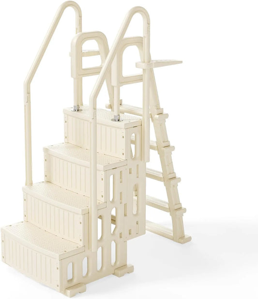 Escaliers de Piscine Double 4+5 Marches BONNLO Ensemble, Échelle de Piscine Creusée et Hors Sol 122-137 cm, Anti-Dérapant, finition blanche Cassé, PE