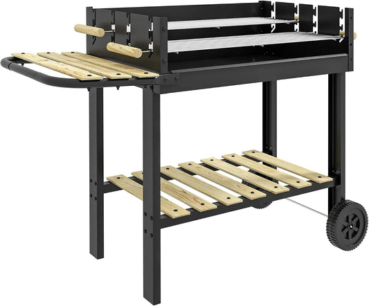 Outsunny barbecue, avec double gril réglable 2 roues et 2 étagères dim. 113L x 53,5l x 82,5H cm finition noire, à charbon BBQ grill sur pied