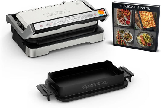Tefal four GC784D10, Optigrill 4 en 1 XL, 9 programmes, Ouverture 180°, XL 8 personnes, Mode manuel, Grill intelligent, Fonctions bbq