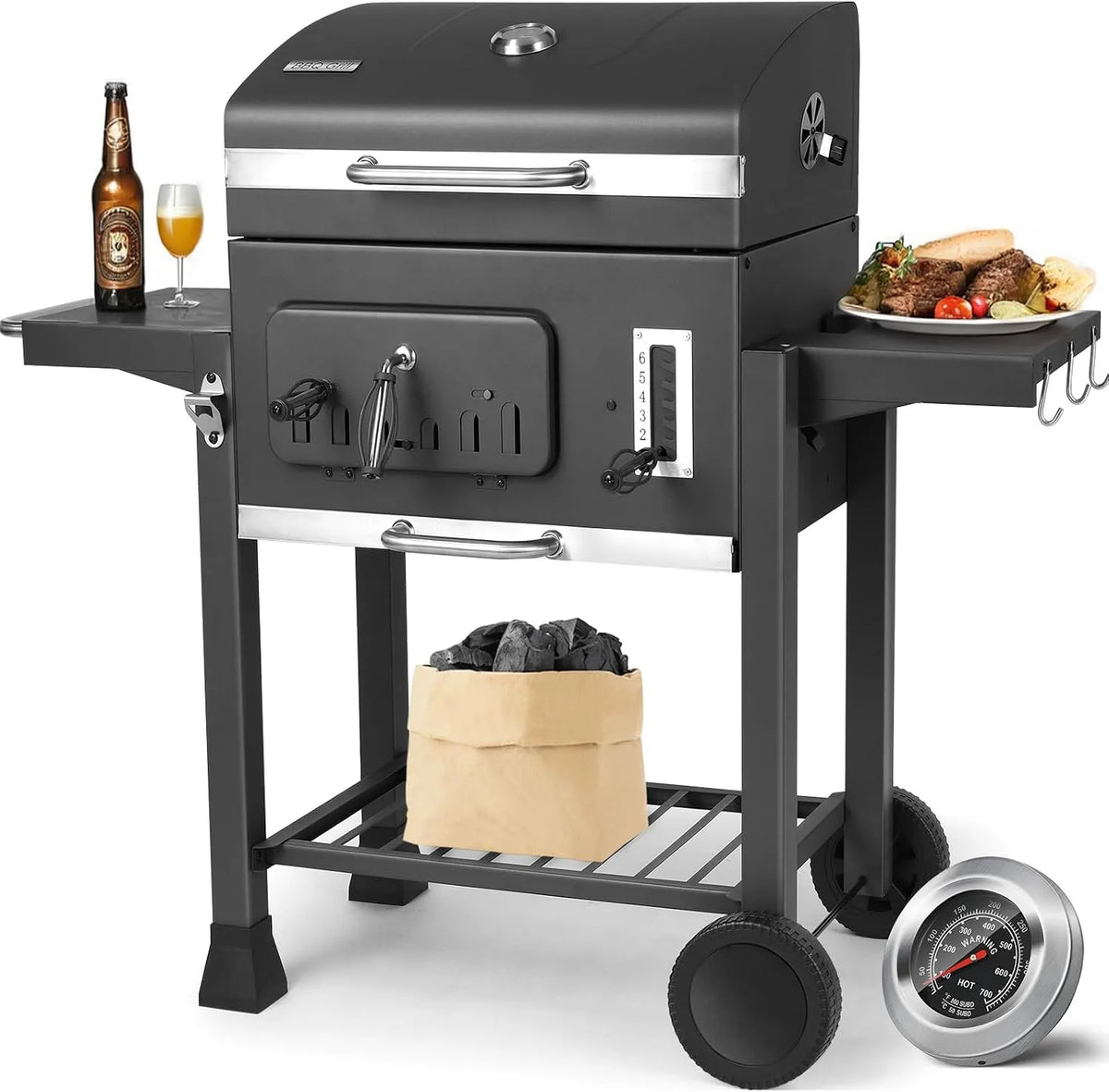 Barbecue 2PCS TLSUNNY, Charbon de Bois, 2 Tables d'Appoint, Chariot à XXL, Grand Grill à Charbon avec Couvercle, Roues, Thermomètre, finition grise
