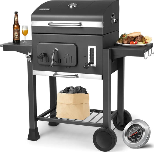 Barbecue 2PCS TLSUNNY, Charbon de Bois, 2 Tables d'Appoint, Chariot à XXL, Grand Grill à Charbon avec Couvercle, Roues, Thermomètre, finition grise