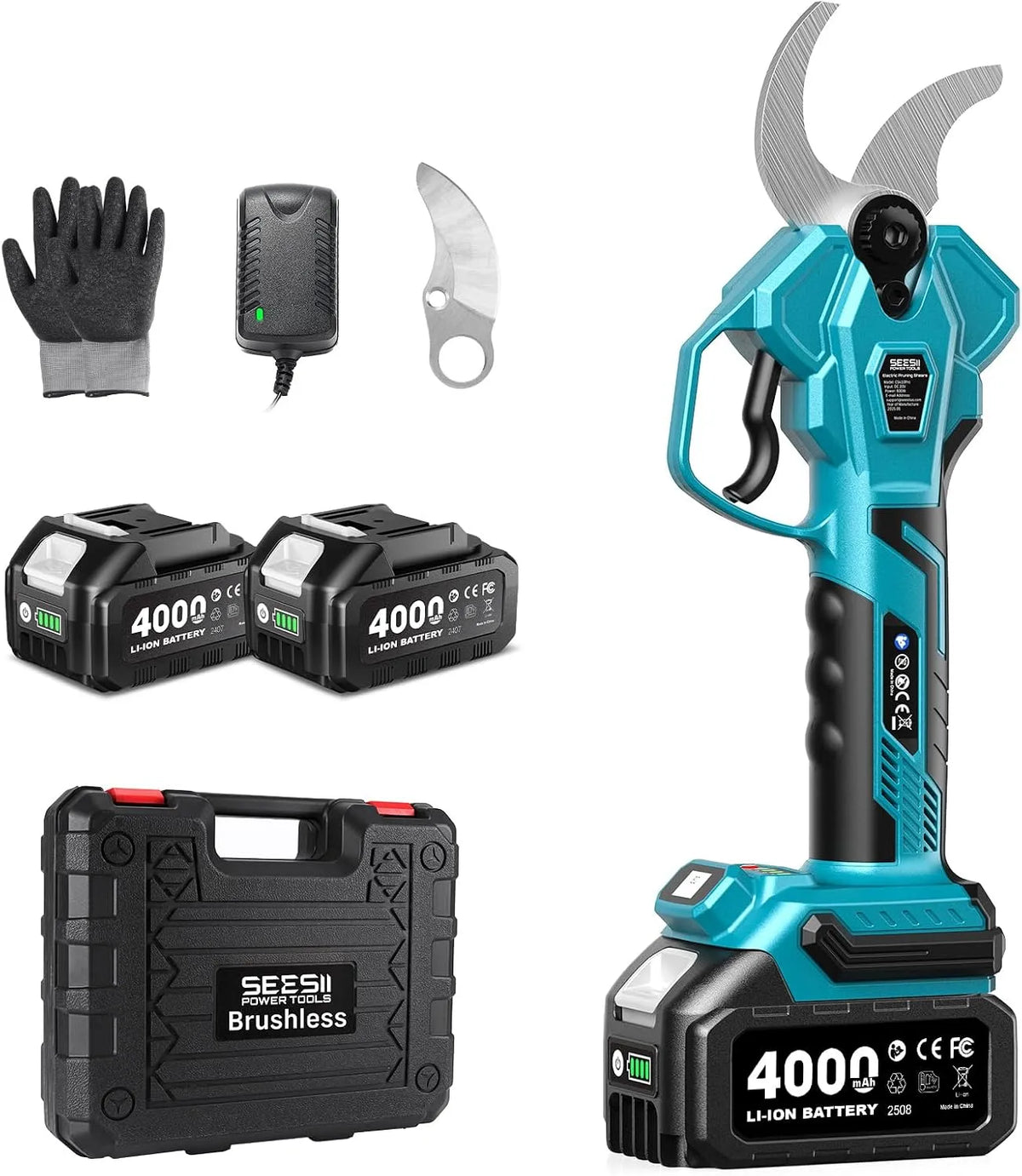 SK5 CS440 SEESII Secateur, Electrique Sans Fil 40 mm –Secateur Electrique avec 2*Batteries 4000mAh, Lame, Moteur Sans Balais, Écran LCD, pour Vergers