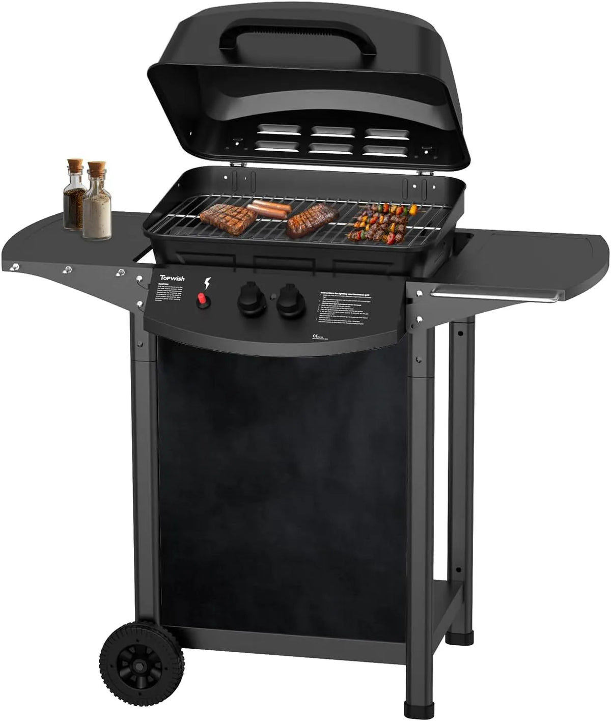 Barbecue à gaz Topwish, barbecues à gaz 2 brûleurs, sur roulettes,6000W,106.44 * 55.6 * 103.85cm, plancha gaz exterieur, étagère rabattable en latéral