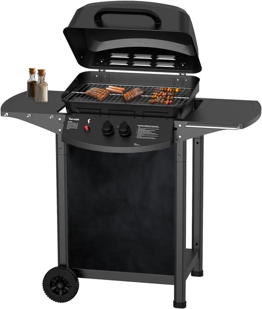 Barbecue à gaz Topwish, barbecues à gaz 2 brûleurs, sur roulettes,6000W,106.44 * 55.6 * 103.85cm, plancha gaz exterieur, étagère rabattable en latéral