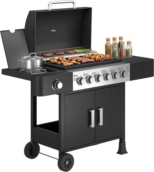 Outsunny barbecue à gaz, chariot portable monté sur roues, thermomètre intégré, placard, finition noire, 6+1 brûleurs, grille de maintien au chaud