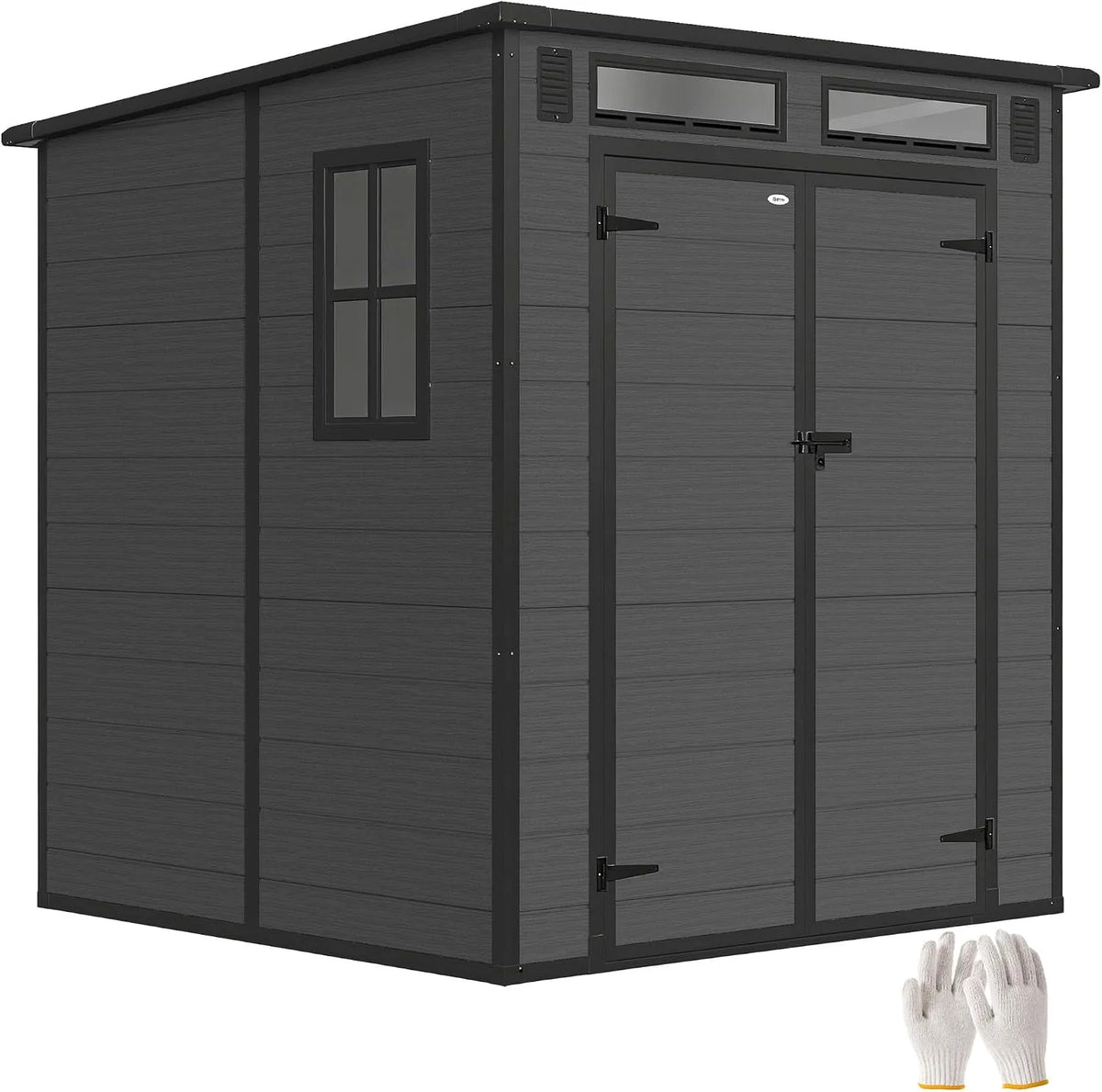 Abri de jardin Outsunny, 3 fenêtres, Prises d'air, Gants, 2,89 m² en PP et Aluminium avec Plancher, Toit incliné, finition grise foncé