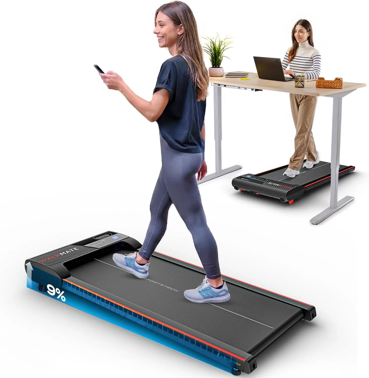 Pad Jusqu'à 6 km/h Sportstech Walking, WalkMate Jusqu'à 120kg, télécommande et Commande Via appli, léger et Compact, Inclinaison Manuelle, écran LCD