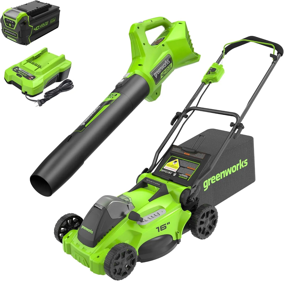 Greenworks tondeuse à gazon, sans Fil sans balais 40 V 40,6 cm + souffleur, Plus de 75 Outils compatibles, 350 CFM, Batterie 4,0 Ah et Chargeur Inclus