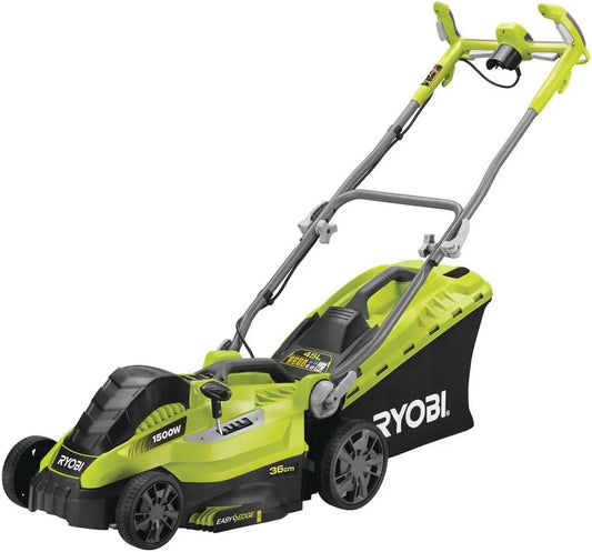 Ryobi tondeuse RLM15E36H, Électrique 1500W, Largeur Ø36cm, Bac semi-rigide 45L, Idéale Pelouse Jusqu'à 500m², Réglage Centralisé, Brancard ajustable