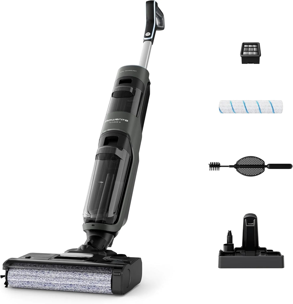 Rowenta aspirateur balai 50min GZ5037WO, Aspiration et Lavage Puissant, Autonomie, finition noire, X-Clean 4 Laveur sans Fil, Intelligent