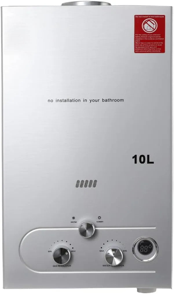 Chauffe-eau électrique, capacité 10L à Gaz Instantané 20KW Affichage Numérique Instantané au GPL, avec kit de Pomme de Douche Plaqué