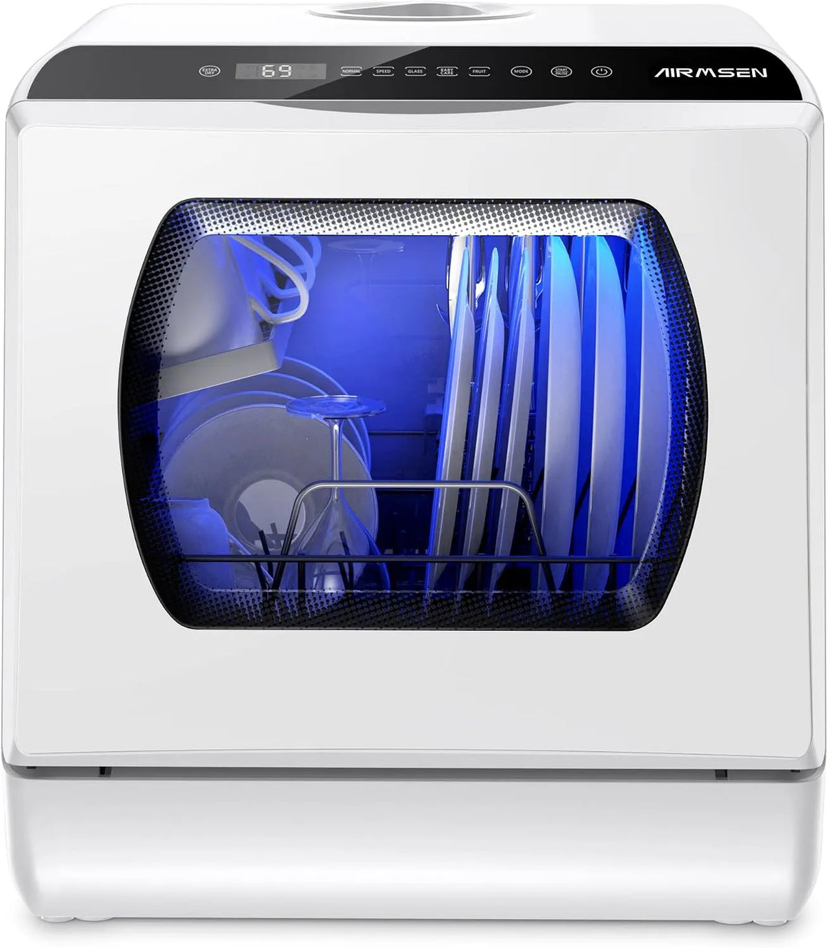 Lave-vaisselle AIRMSEN Mini, Réservoir d'Eau de 5L, Contrôle Tactile et Écran LED, Appartements et Dortoirs, 5+1 Programmes, de Comptoir