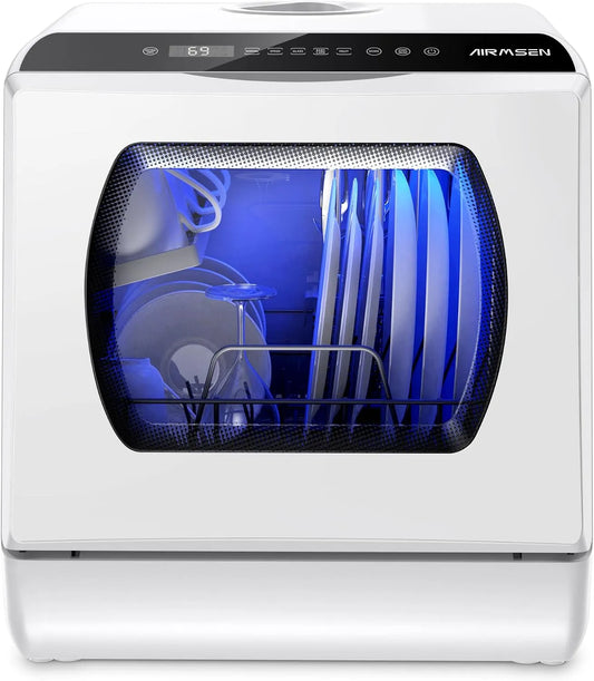 Lave-vaisselle AIRMSEN Mini, Réservoir d'Eau de 5L, Contrôle Tactile et Écran LED, Appartements et Dortoirs, 5+1 Programmes, de Comptoir