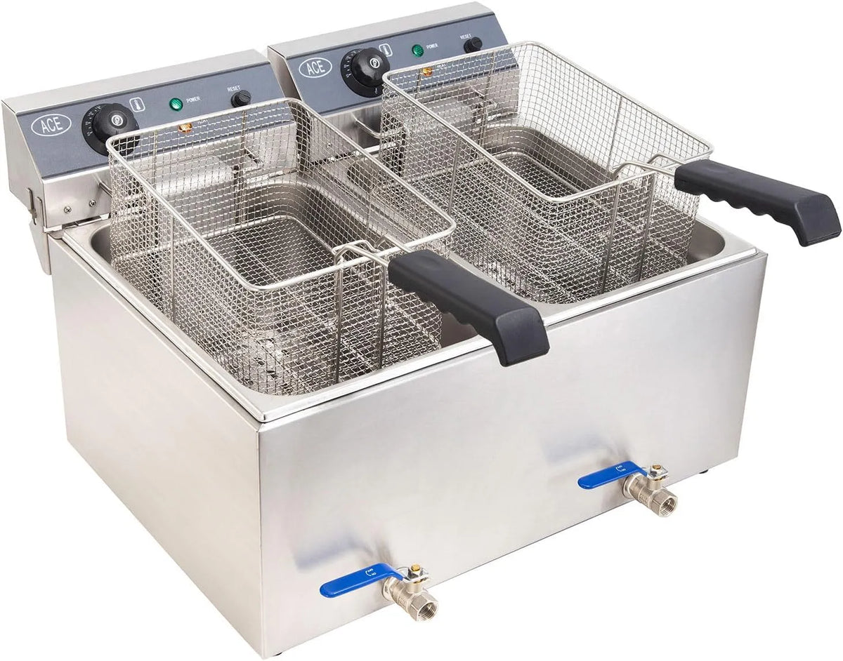 Professionnelle Double avec Robinet de vidange Friteuse électrique, tension 240 V 6 000 W, Grande cuve 17L x 2, 2 paniers et couvercles