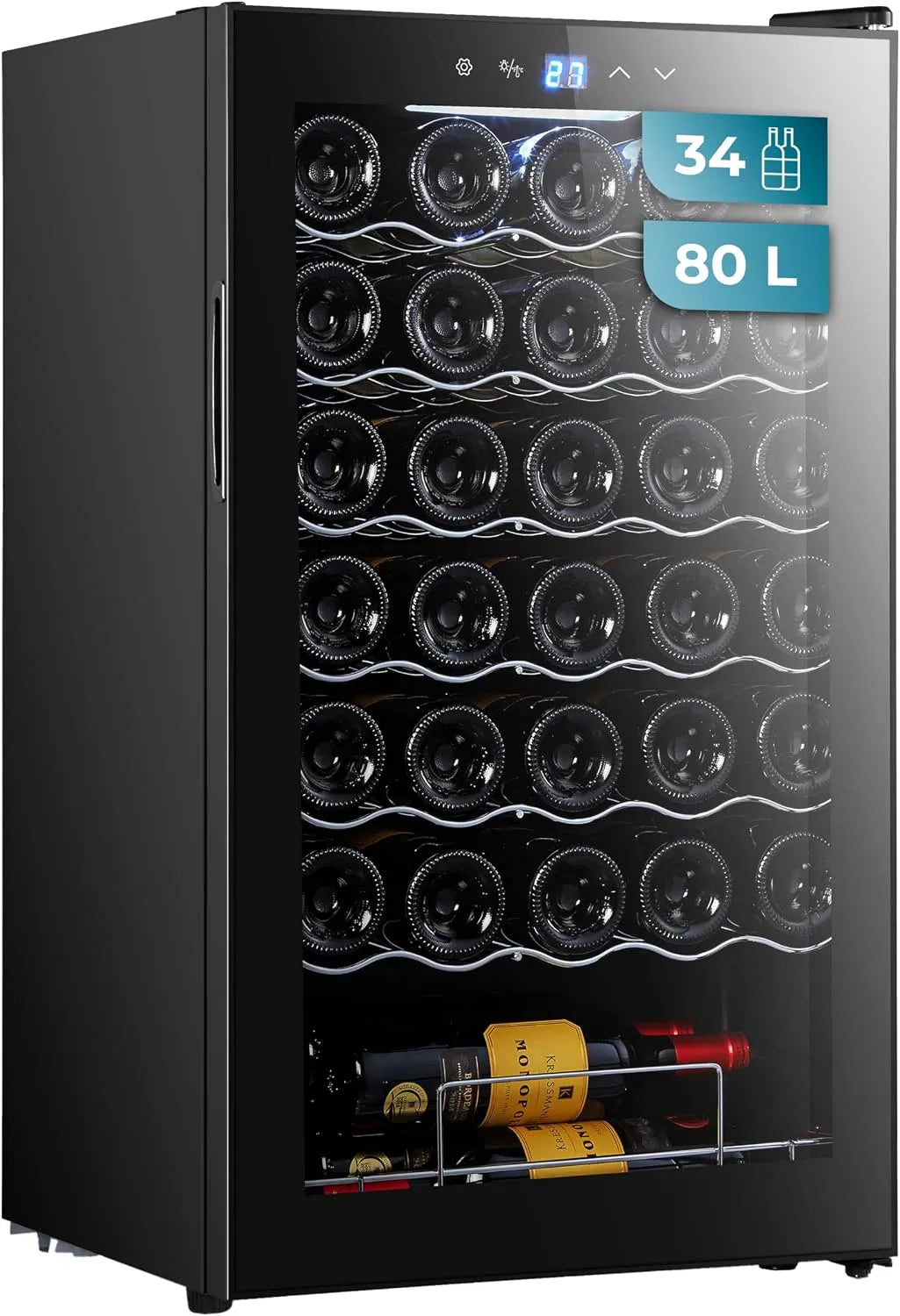 Cecotec cave à vin 34030, capacité 80 L, Température réglable de 5 à 18°C, Affichage, 34 bouteilles Bolero grandsommelier black compressor