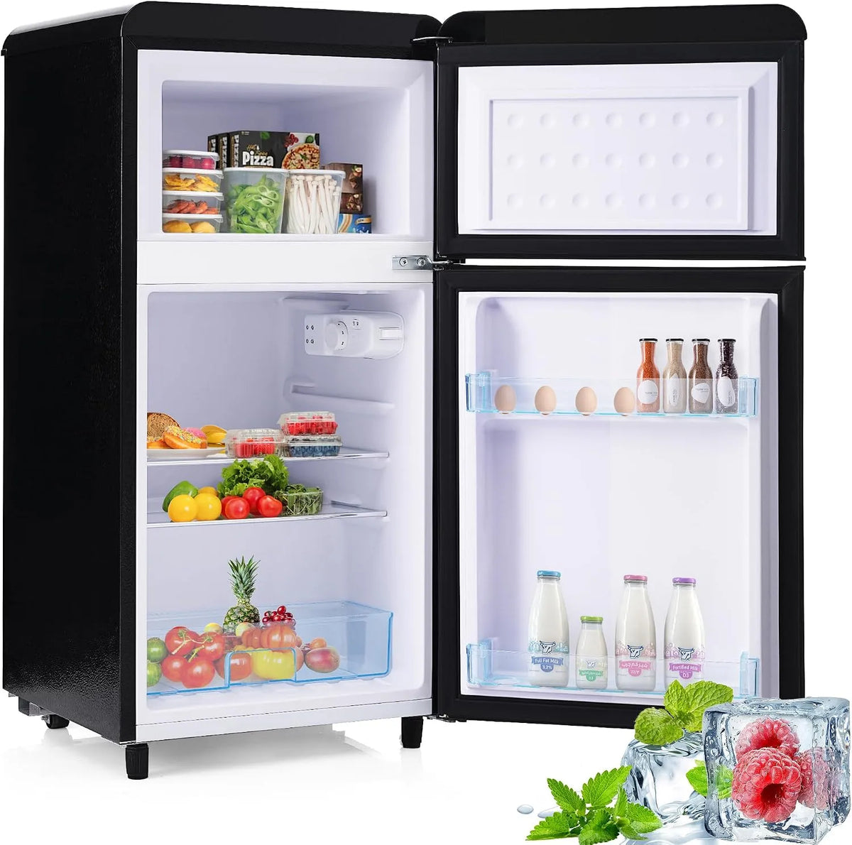 Réfrigérateur Merax, capacité 72 litres, avec compartiment congélateur de 21 litres, 120 kWh, rétro à double porte, an, éclairage LED, finition noire
