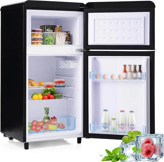 Réfrigérateur Merax, capacité 72 litres, avec compartiment congélateur de 21 litres, 120 kWh, rétro à double porte, an, éclairage LED, finition noire