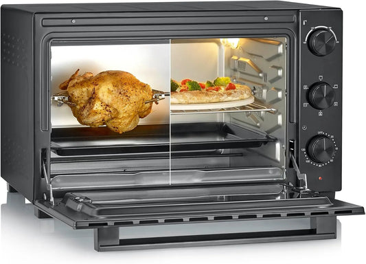 Severin four TO 9025, Mini à chaleur tournante 46 L avec pierre à pizza et tournebroche, posable 1 800 W design élégant, finition noire