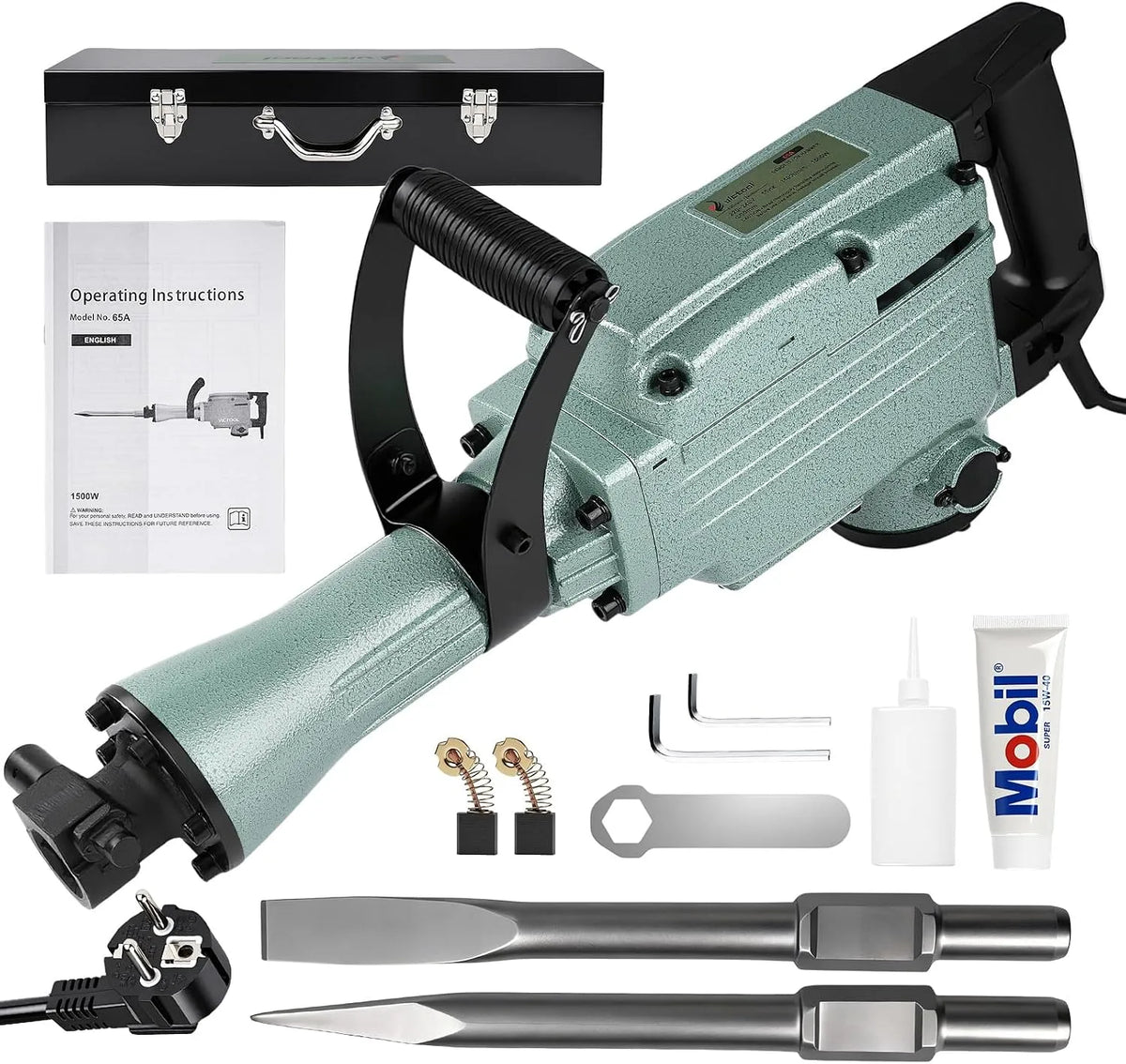 Démolition électrique 65 J Marteau de, Poignée Rotative 360° Anti-Vibration, SDS-Hex Brise béton avec Burin Pointu et Burin Plat