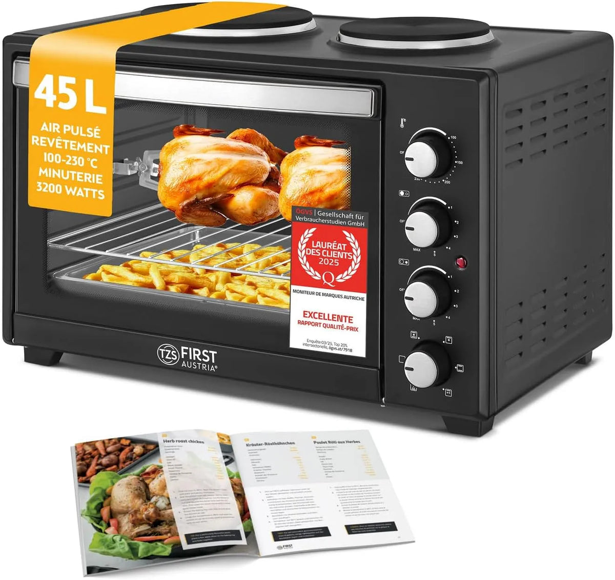 Four, Mini avec plaques de cuisson 45L 3200 W, à pizza jusqu'à 230°C & revêtement antiadhésif, TZS First Austria