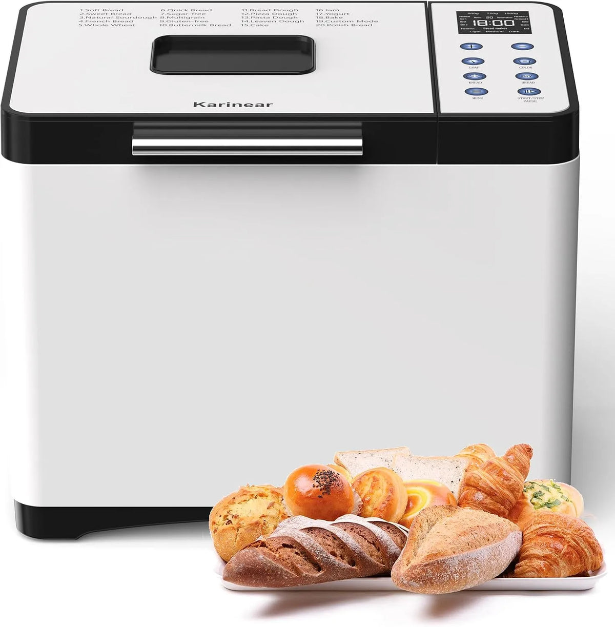 Machine à pain Karinear, Départ différé de 15 heures, Avec gants, finition blanche, avec 20 programmes, Avec 3 tailles de pain et Couleur s croûtes