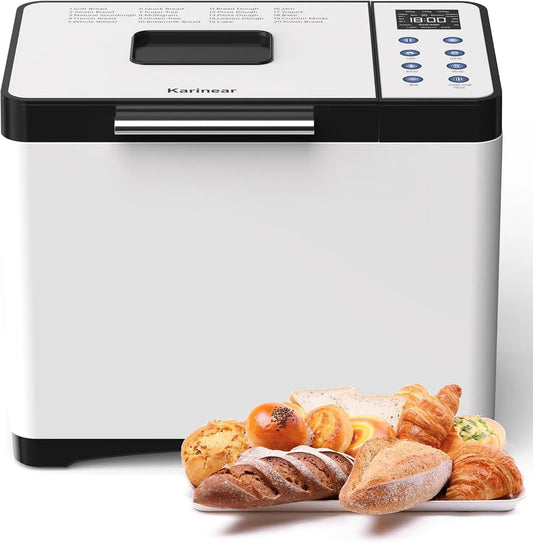Machine à pain Karinear, Départ différé de 15 heures, Avec gants, finition blanche, avec 20 programmes, Avec 3 tailles de pain et Couleur s croûtes