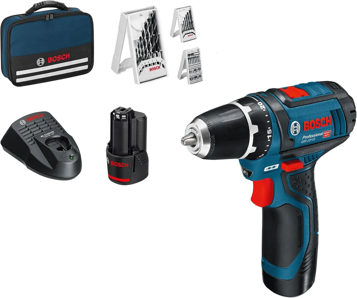 Bosch perceuse 12V-15, Professional 12V System -visseuse sans-fil GSR, avec 2 batteries 2,0 Ah, set d'accessoires 39 pièces, chargeur