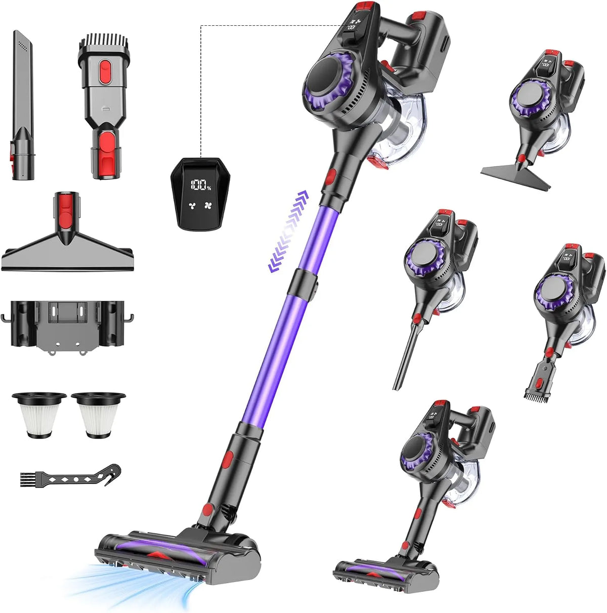 Aspirateur balai 50min Emphsism, sans Fil Puissant 40KPa 450W, LED Verte, Autonomie, Autoportant, Brosse Anti-Emmêlement, sans Sac, Poils d'Animaux