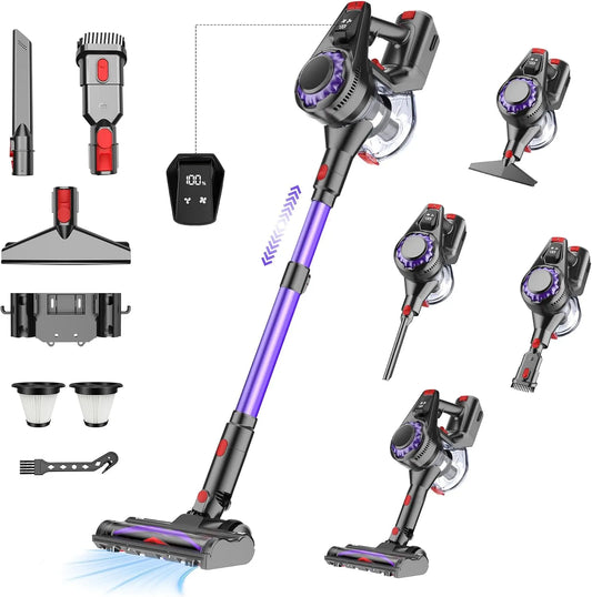 Aspirateur balai 50min Emphsism, sans Fil Puissant 40KPa 450W, LED Verte, Autonomie, Autoportant, Brosse Anti-Emmêlement, sans Sac, Poils d'Animaux