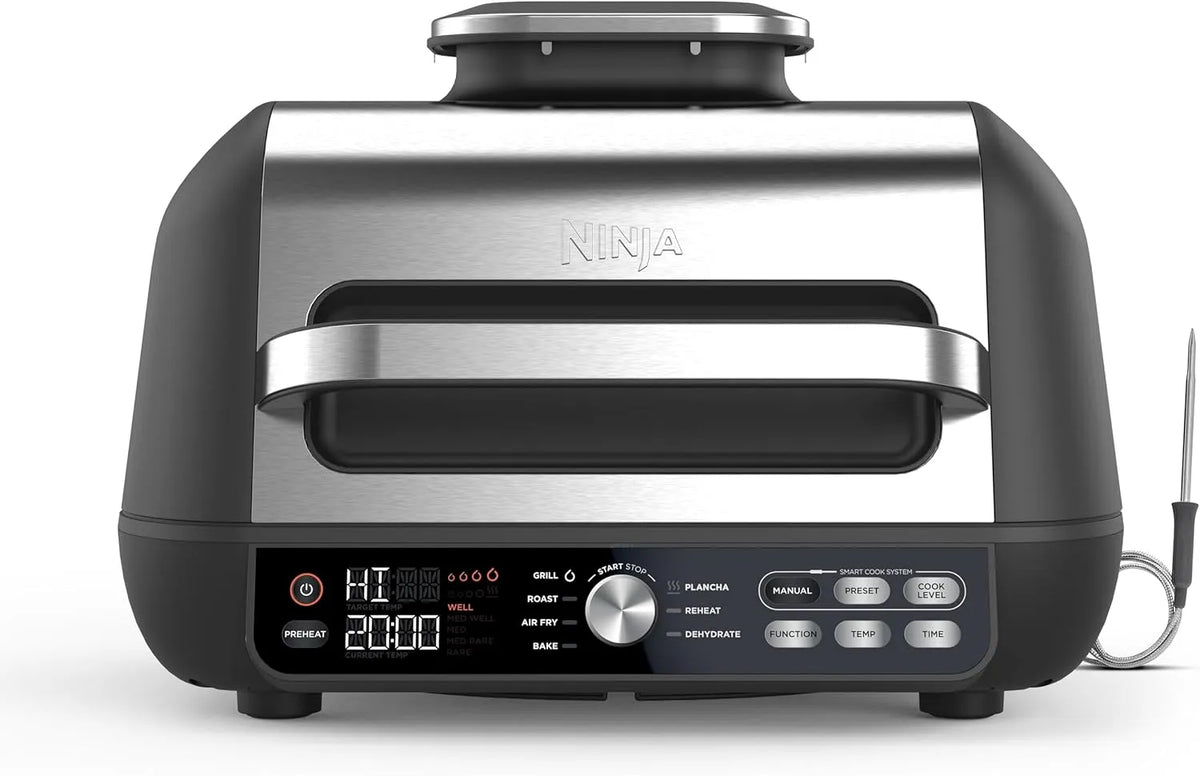 Ninja friteuse à air chaud AG651EU, Foodi MAX PRO Grill, 7 en 1, Grill, Plancha et avec sonde de cuisson numérique, Cuire, finition noire, Air Fryer