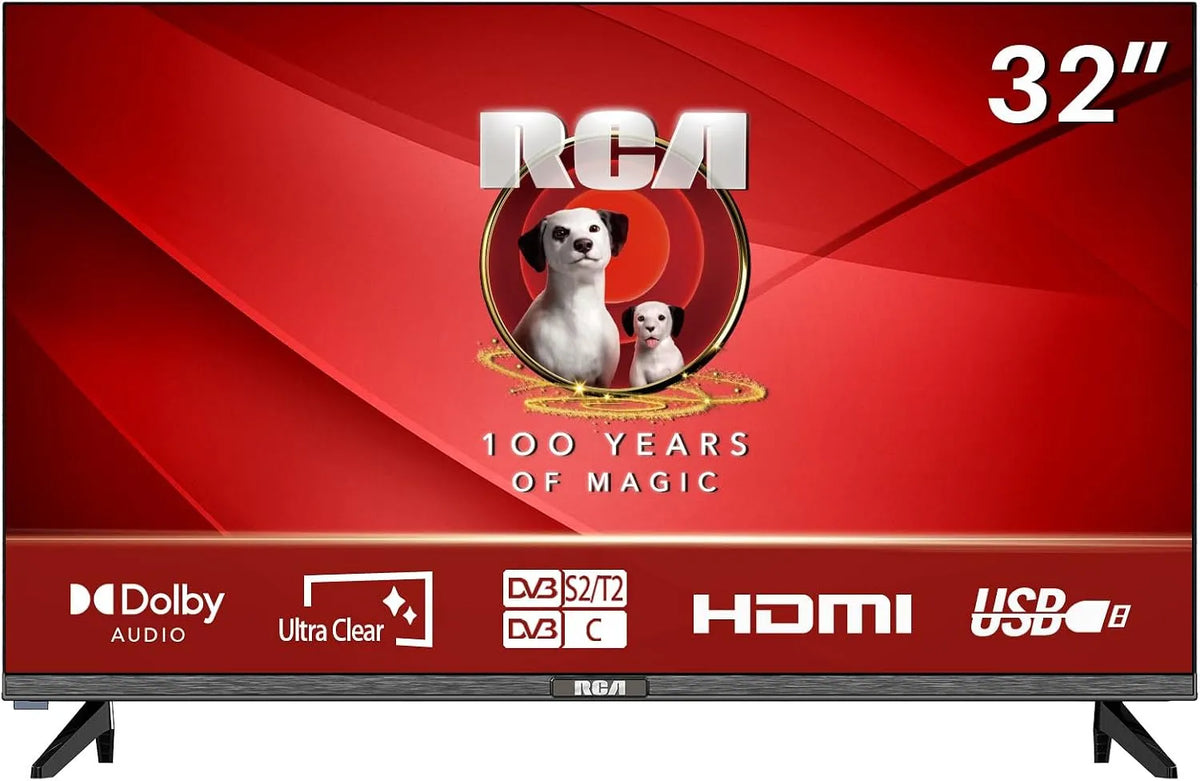 E32 RCA, T2-C-S, TV 32 Pouces Télévision 80cm HD sans Bord avec Dolby Audio Triple Tuner, DVB-T