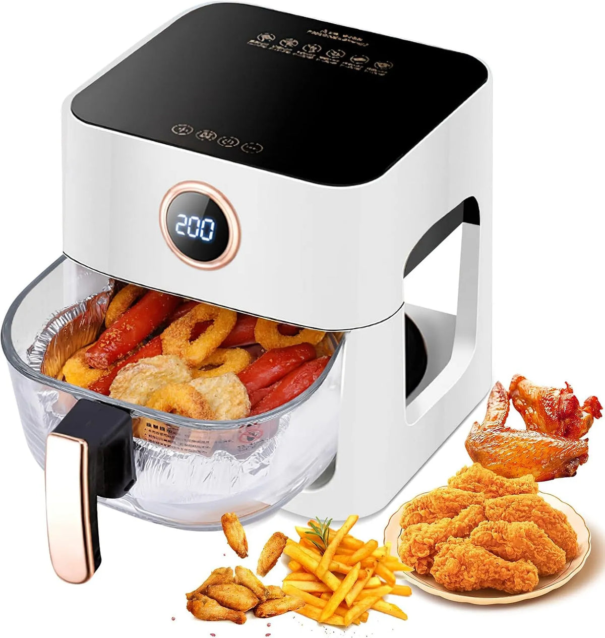 Friteuse à air chaud, 6 fonctions de cuisson, écran tactile, sans BPA, chaud 5 l 1 300 W avec fenêtre de vision à 360°, amovible