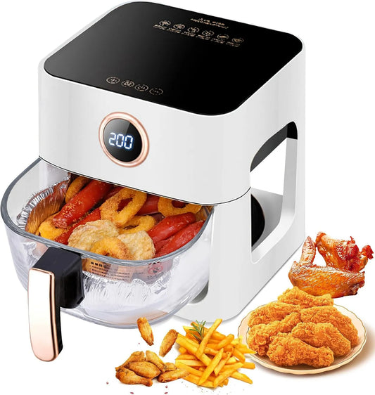 Friteuse à air chaud, 6 fonctions de cuisson, écran tactile, sans BPA, chaud 5 l 1 300 W avec fenêtre de vision à 360°, amovible