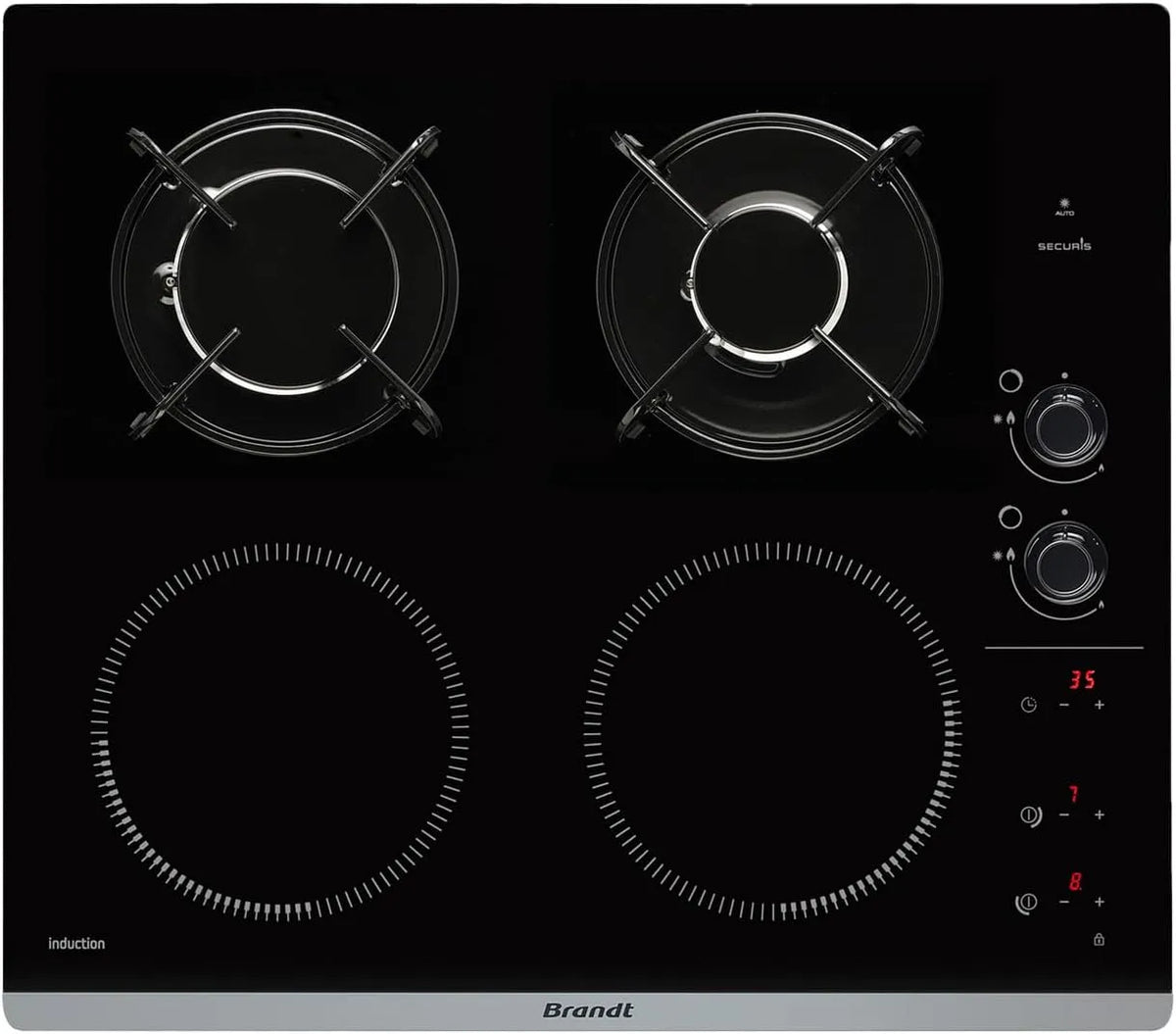 Plaque de cuisson BPI6413BM 4600 Brandt, 4 Foyers, Dimensions Encastrement: 56x49cm, Induction et Gaz, finition noire, Table de Cuisson