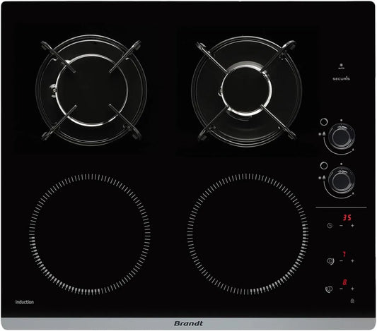 Plaque de cuisson BPI6413BM 4600 Brandt, 4 Foyers, Dimensions Encastrement: 56x49cm, Induction et Gaz, finition noire, Table de Cuisson