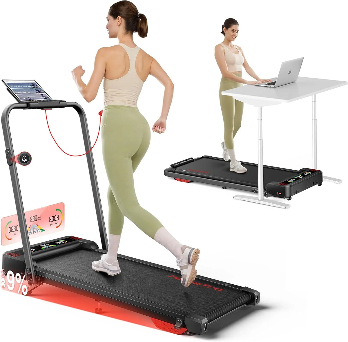 Course Pliable 5-en-1 avec LED Motivantes Tapis de, poids 120kg Max, Marche Inclinable 9%, 1-12 km/h, Moteur Silencieux, Double Écran LED, Bureau