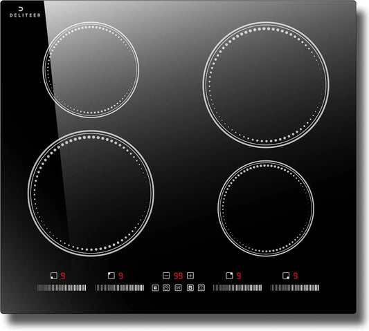 Plaque à induction, Commande Tactile Individuelle, Boost, Minuterie, finition noire, 4 Feux, tension 230V, Verrouillage de Sécurité, Pause