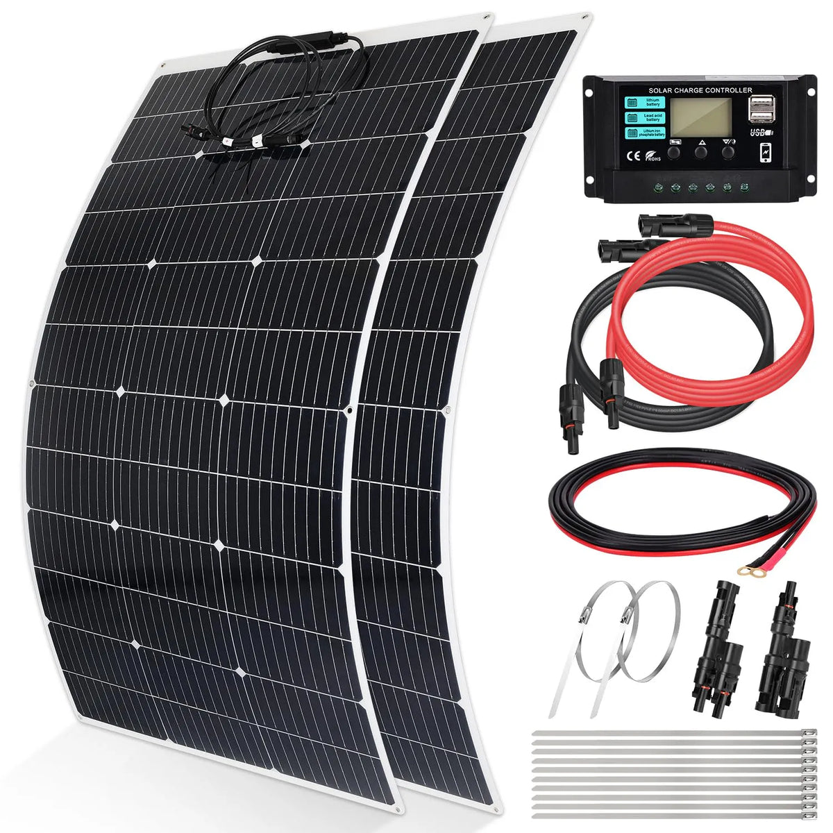 Panneau solaire pour maisons Kit de, 2 panneaux solaires mono 120 W + contrôleur de chargeur 30 A + câble solaire + support en Z, bateaux