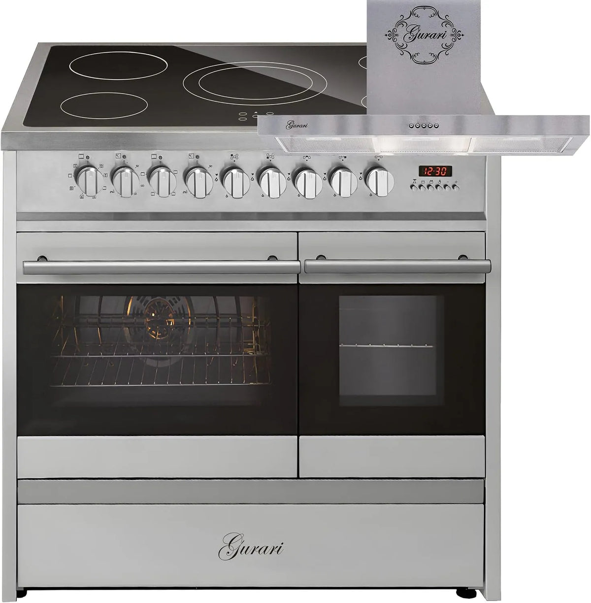 Cuisinière, double four + hotte aspirante 90 cm, avec rallonge télescopique 1 compartiment