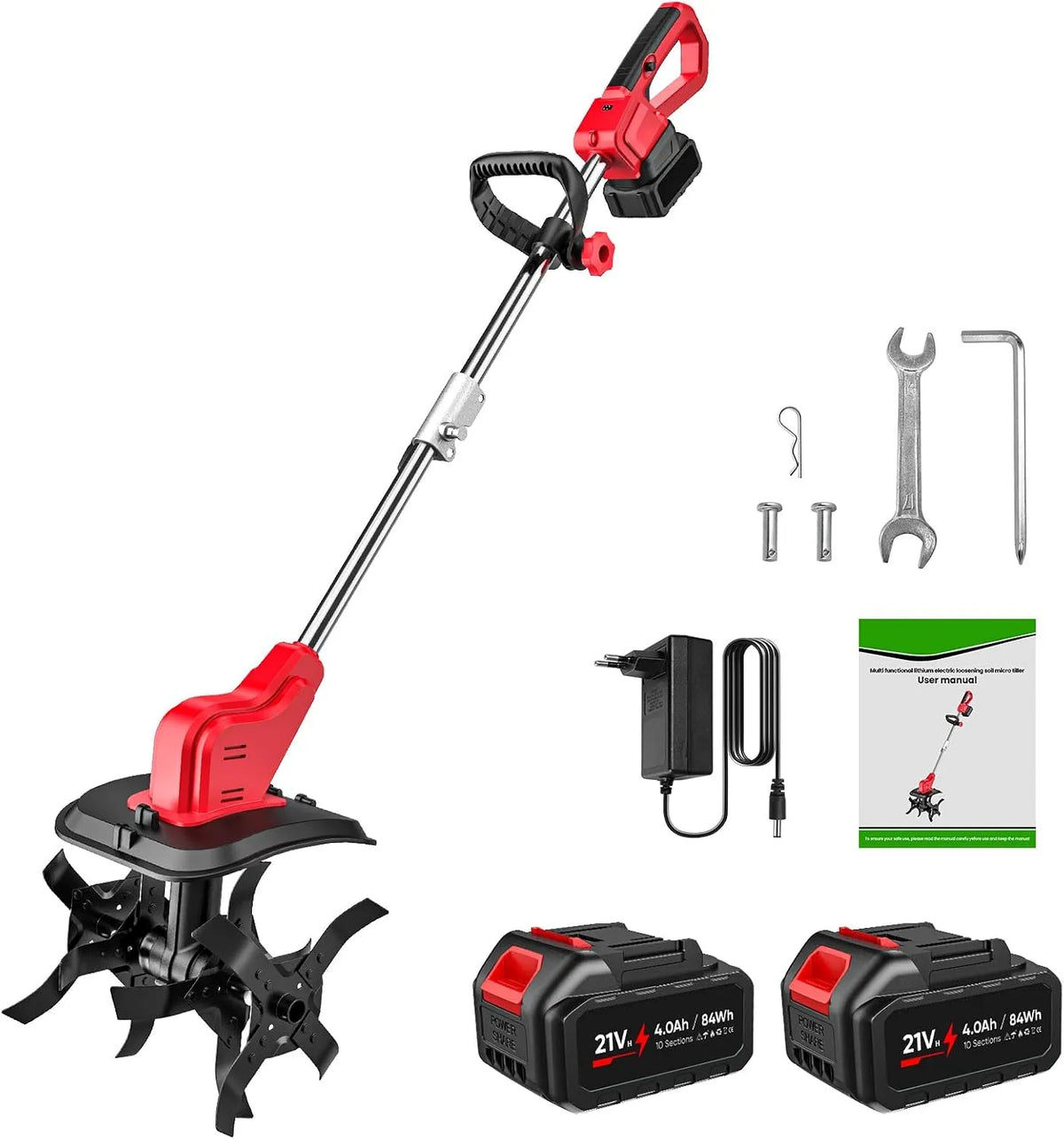 Motoculteur 2x4.0Ah, sans fil 21 V, largeur de travail 30 cm, profondeur de travail 36 cm, à Batterie avec 2 x 4.0Ah Batterie, Moteur sans balais